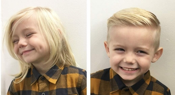 adorables propuestas de cortes para niños pequeños, foto antes y después, ideas sobre como cortar el pelo de tu pequeño en casa