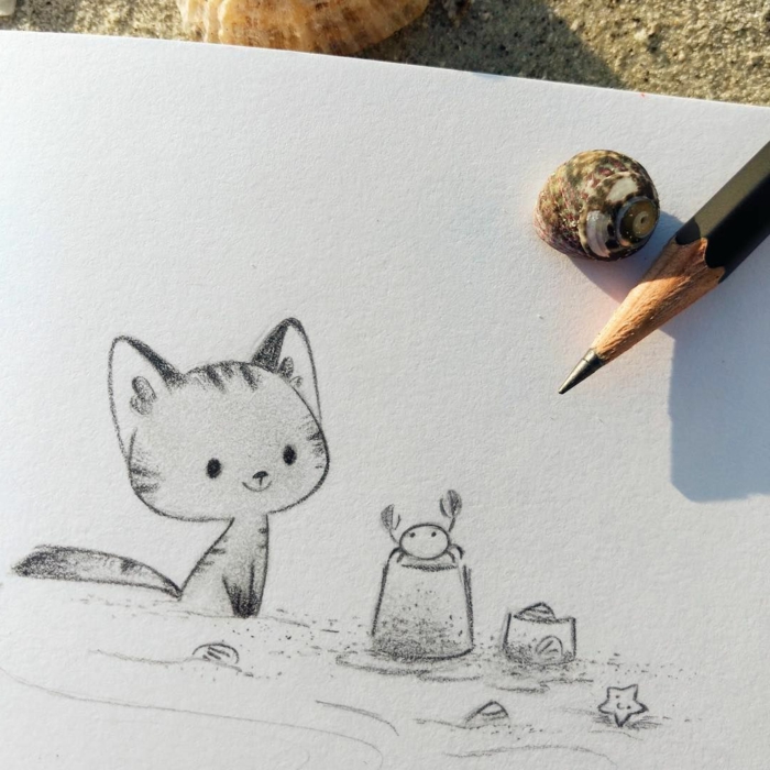 geniales ideas de dibujos kawaii para aprender a dibujar, pequeño gato, dibujos de animales rápidos y faciles para hacer en casa 