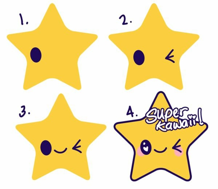 cuatro pasos sobre como dibujar una estrella kawaii, dibujos kawaii paso a paso, originales ideas sobre como dibujar cosas tiernas