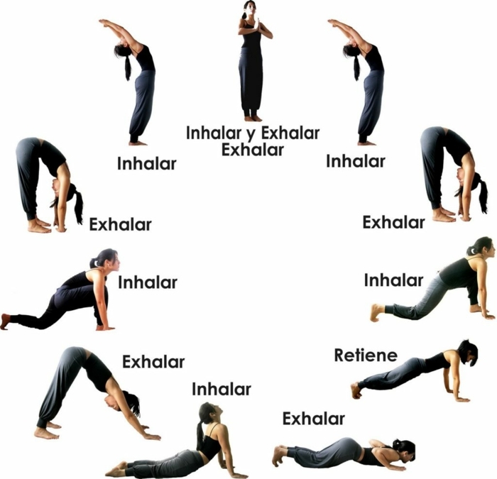 pasos para hacer el saludo al sol, tabla de ejercicios para hacer en casa, entrenando en casa ideas de ejercicios de yoga