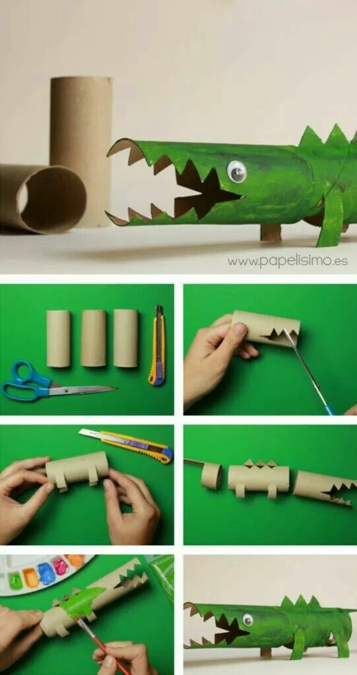 manualidades para niños de primaria con carton originales, como hacer un cocodrillo de rollos de papel higienico paso a paso 