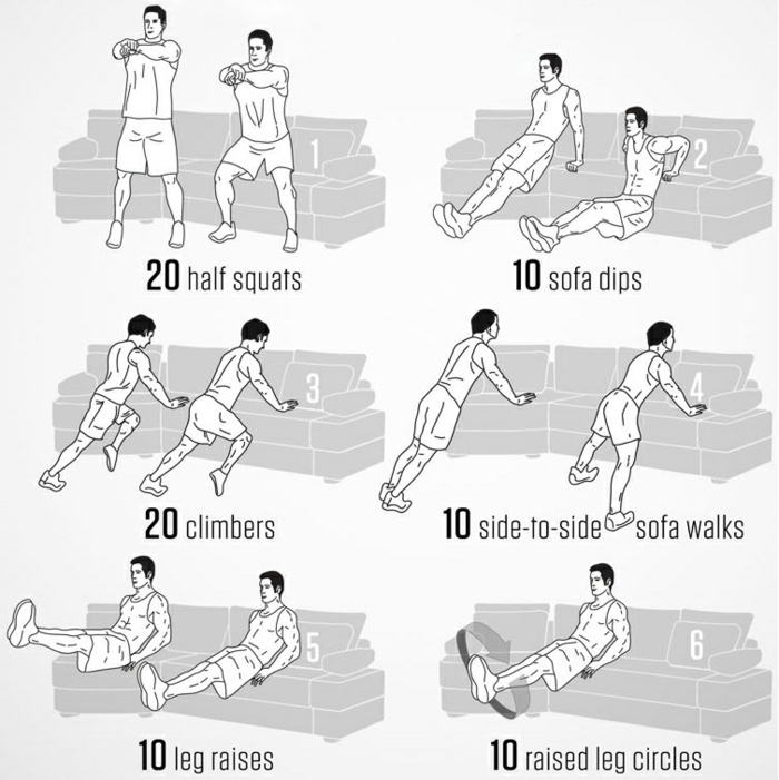 tabla de ejercicios para hacer en casa, como hacer ejercicios en el sofa, fotos de ejercicios para hacer en casa para hombres y muejres 