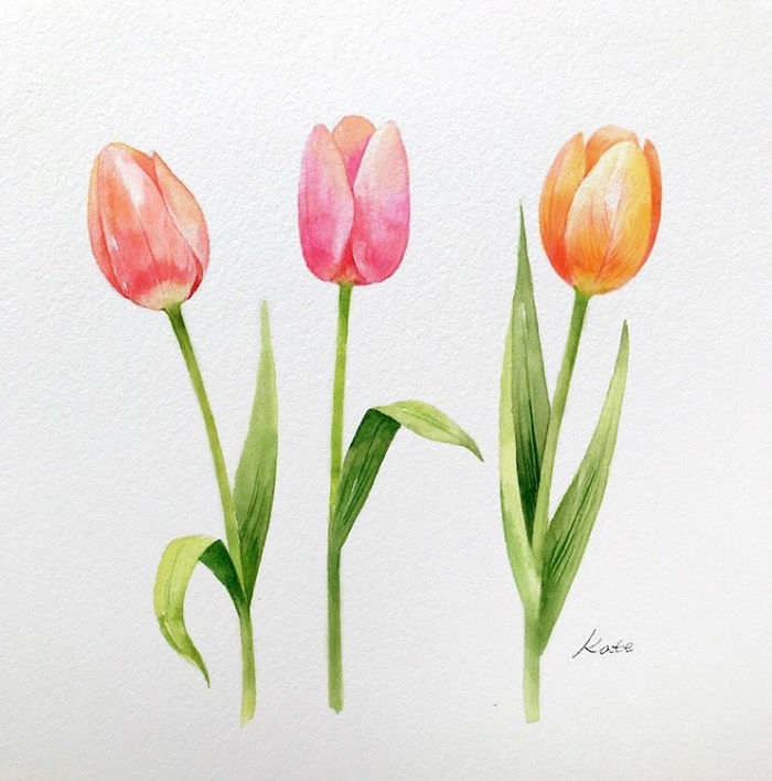 tres bonitos tulipanes dibujados a lapiz en preciosos colores, ideas de dibujos de flores faciles para pequeños y adultos