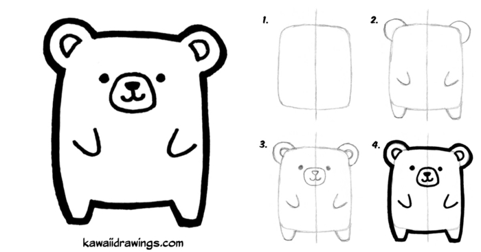 dibujos faciles de hacer, dibujos kawaii para pintar originales, dibujar un oso en cuatro pasos, ideas de dibujos faciles 