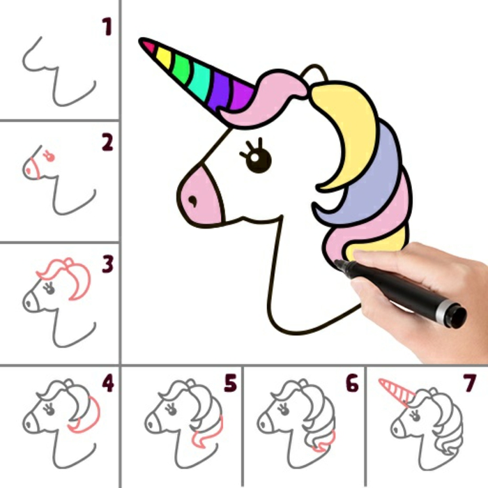 ideas de dibujos originales y faciles de hacer, como dibujar un unicornio en siete pasos, dibujos para clorear luego en fotos