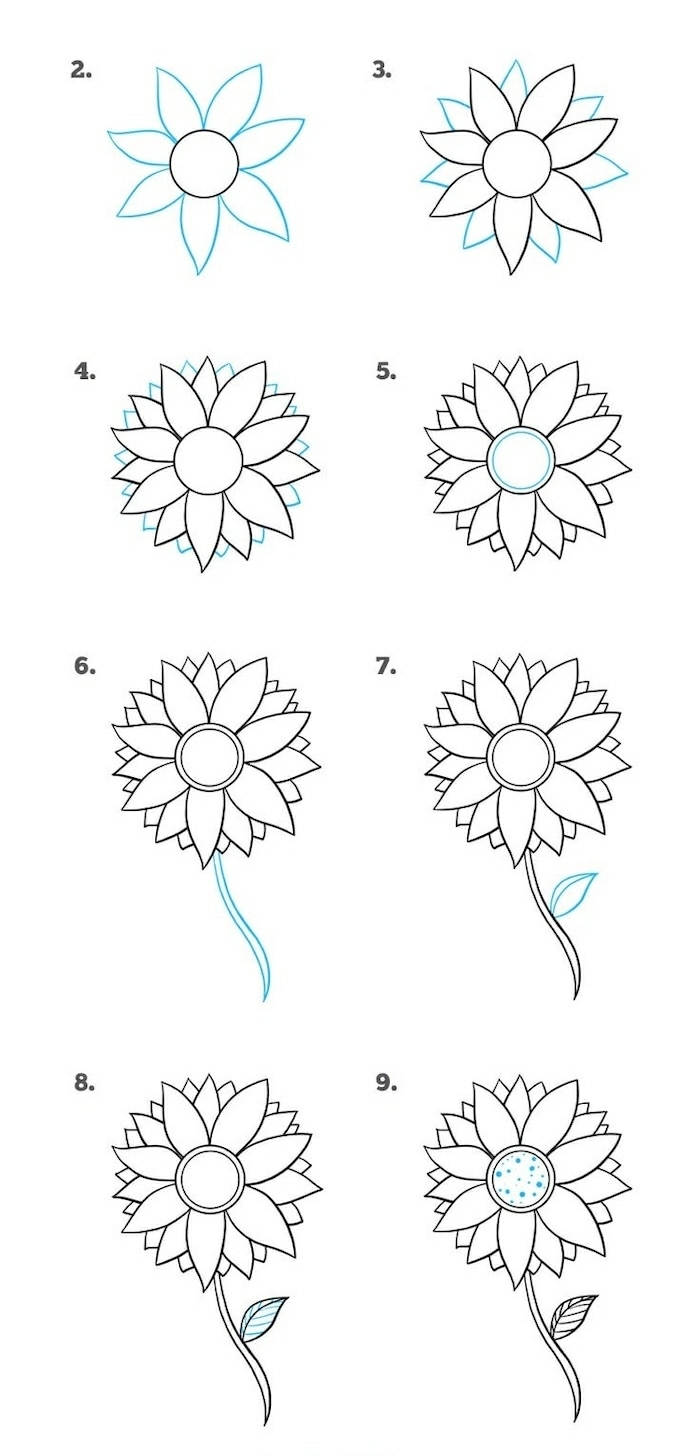 pasos para dibujar una girasol añadiendo petalos paso a paso, flores para dibujar en primavera, detalles simbolicos 