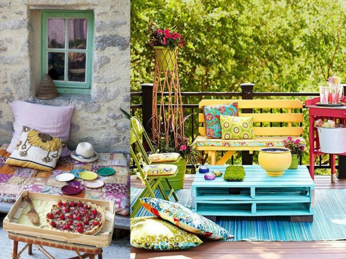 coloridas propuestas de decoracion de terraza, muebles de palets originales y bonitos, como hacer mesas de palets 