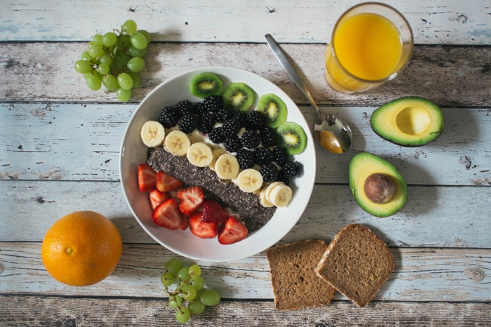 desayunos proteicos ricos, yogur con semillas de chia, fresas y platanos, las mejores ideas de desayuns proteicos faciles