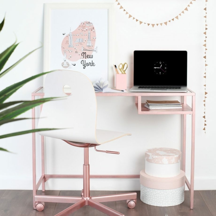 ideas unicas de despacho en casa, despacho en color blanco y rosado, ideas de muebles modernos para teletrabajar 