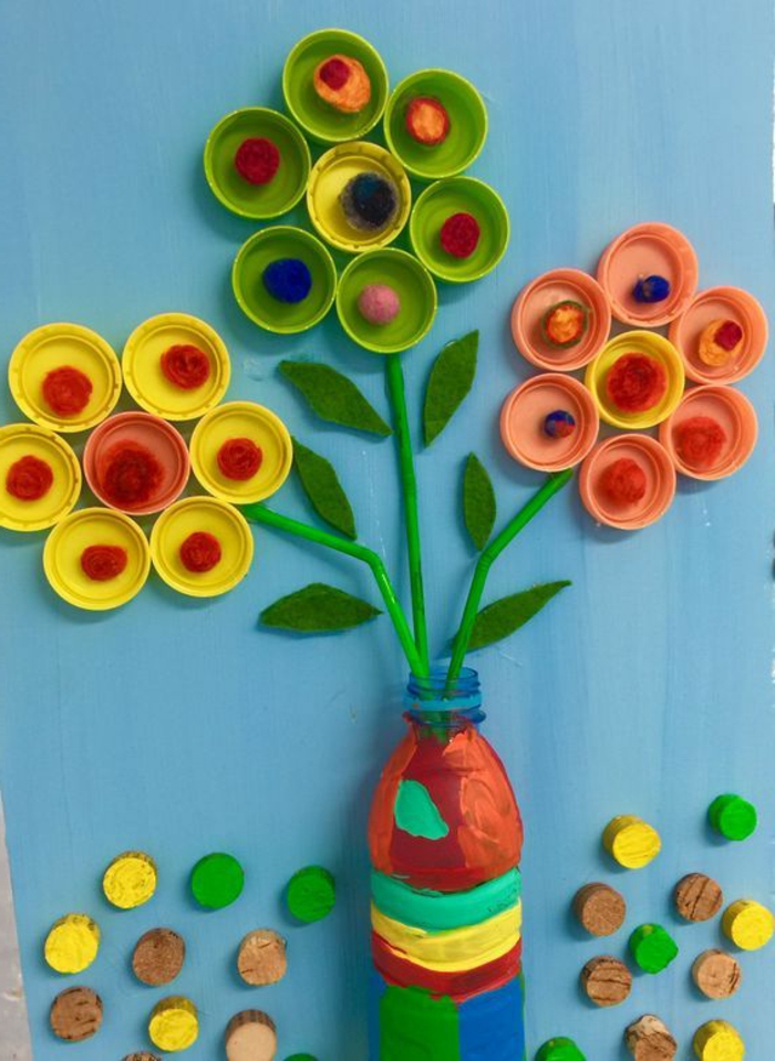 flores de reciclaje, bonitas flores con tapas de botellas de plastico, botellas de plastico decoradas para decorar la casa 