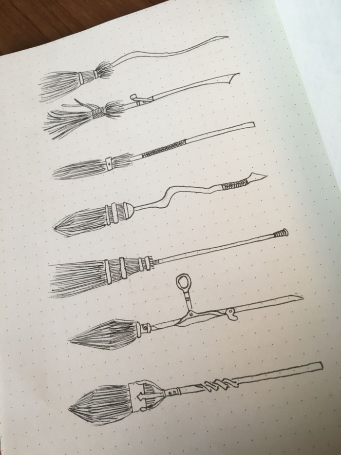 dibujos a lapiz en un cuaderno, los diferentes tipos de escobaas de QUidich, ideas de dibujos inspiradores de Harry potter