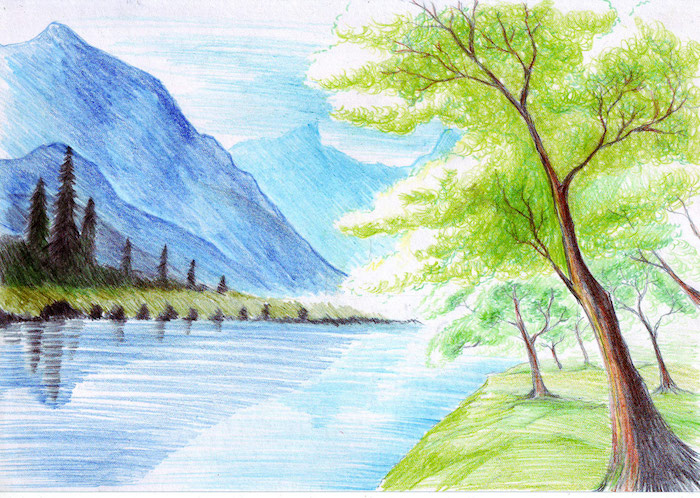 como dibujar un paisaje montañas lago arboles colores con lapices verde azul ideas de dibujos chulos y faciles de hacer en casa