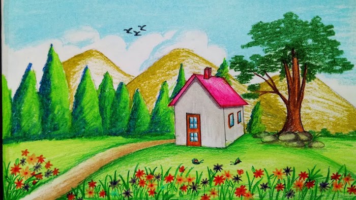 dibujos de paisajes para niños casa arboles flores pinos ideas de dibujos infantiles
