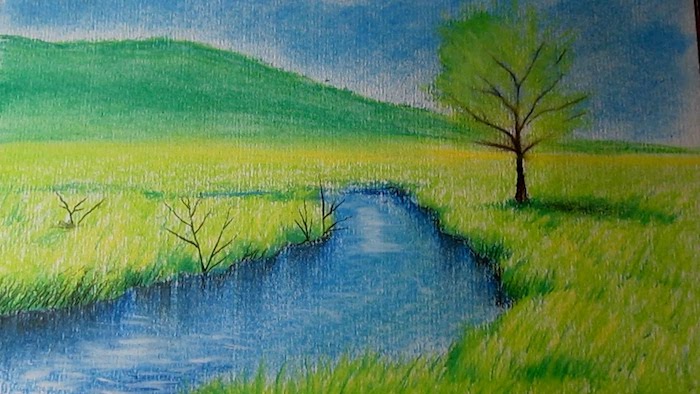 ejemplos de dibujos de paisajes para niños rio hierba montaña arbol cielo dibujos con lapices