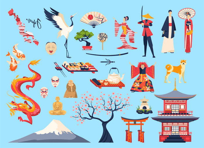 japan and japanese people vector illustration set, cartoon flat character in traditional costume or kimono, cherry sakura, temple landmark