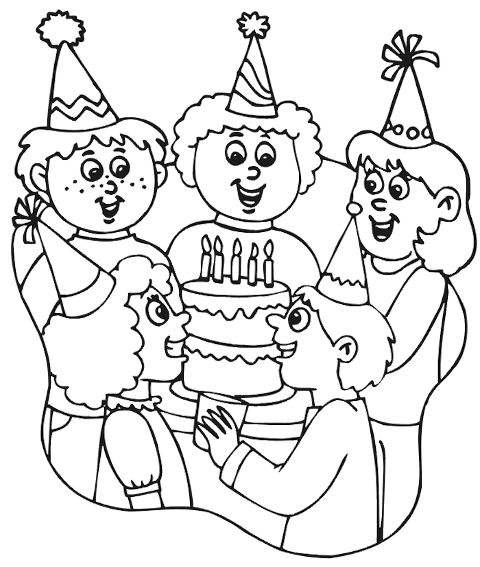 divertidas ideas de dibujos en blanco y negro familia celebrando tarta fiesta de cumoleaños