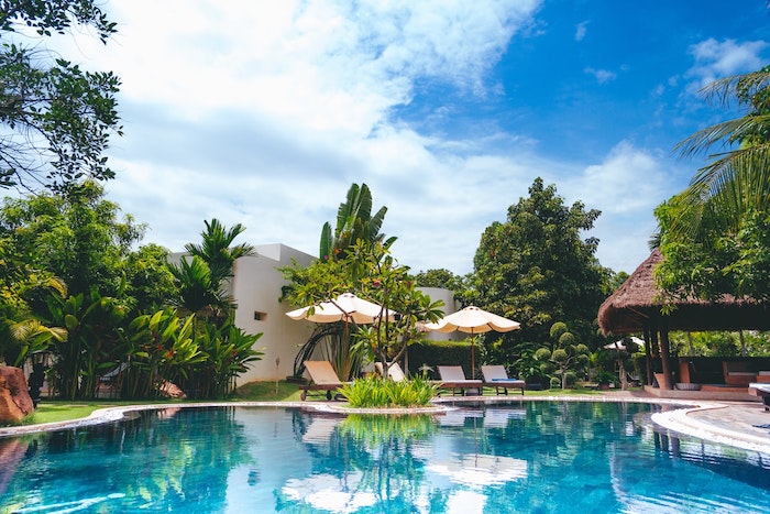 gran jardín piscina en forma exótica con palmeras y jardín verde hermosa villa
