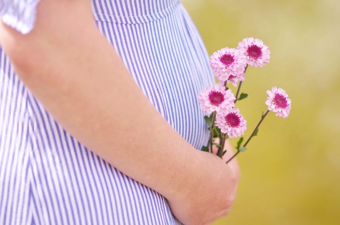 mujer embarazada con un vestido a cuadros para embarazada con flores en sus manos