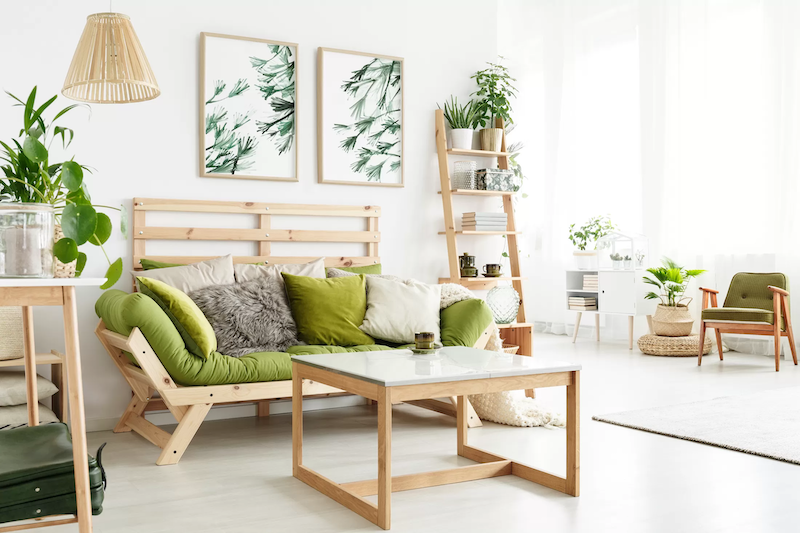 muebles de vida de madera clara limpio estilo escandinavo planta de casa verde