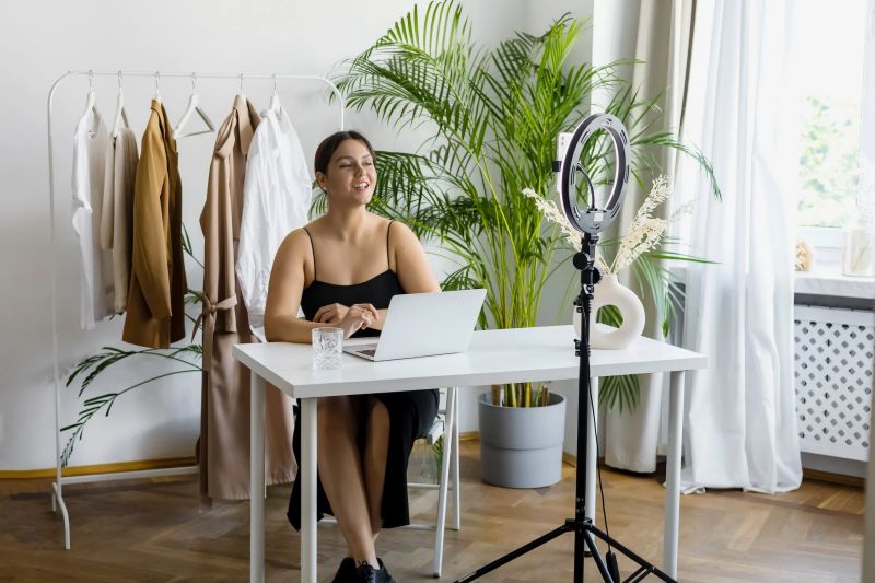 chica que graba vídeos con plantas de interior verdes de fondo