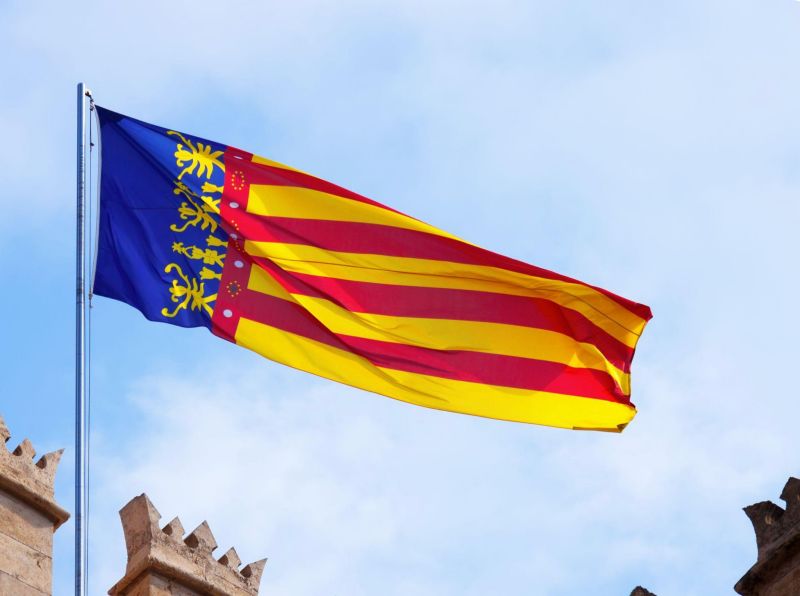 bandera de españa sobre fondo de cielo azul