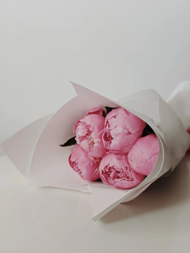 peonías rosas envueltas en papel blanco