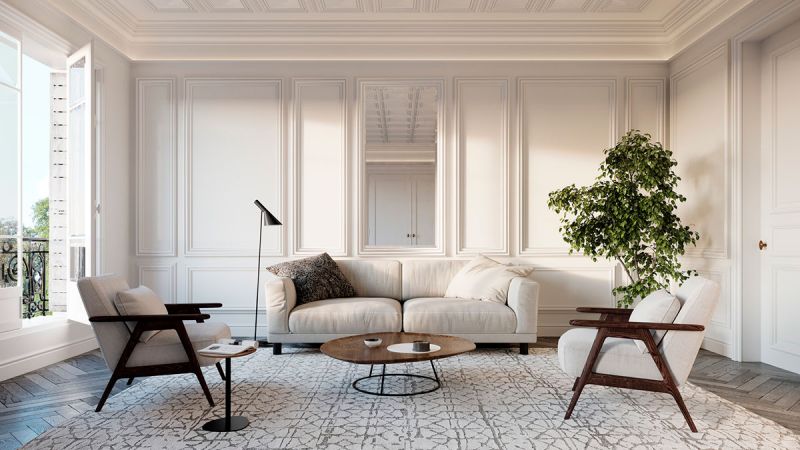 bonito salon en beige y gris alfombra sofa en beige y molduras